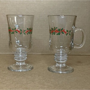 Vintage Libbey Pedestal Glasses Holly Berry Gold Rim Christmas Mugs‎ Lot of 2